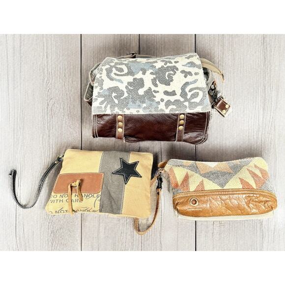 Lot Of 3 MYRA Bags Crossbody Canvas Leather Messenger Saddle Bag Purse Wristlets